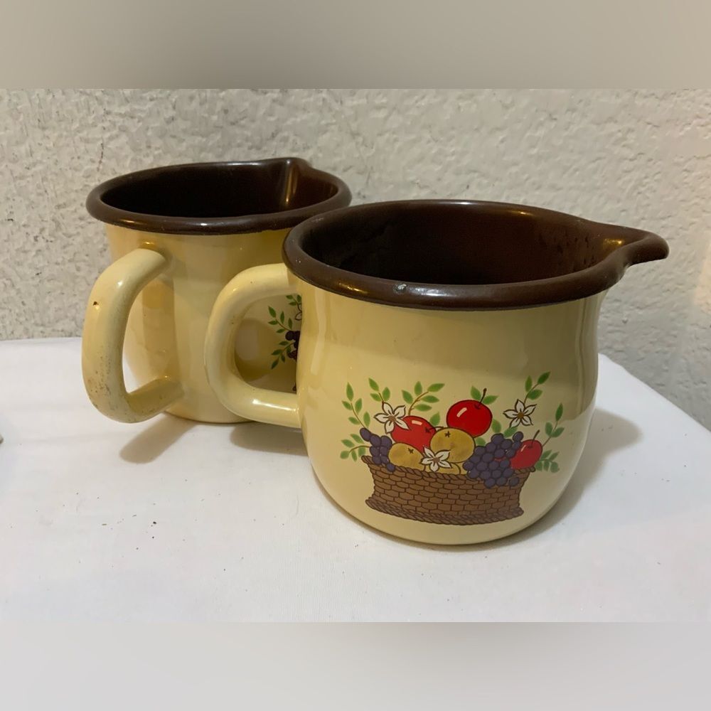 Vintage FTD Enamelware Metal Pitcher Fruit Basket Design Flower Pot 1986 set 2